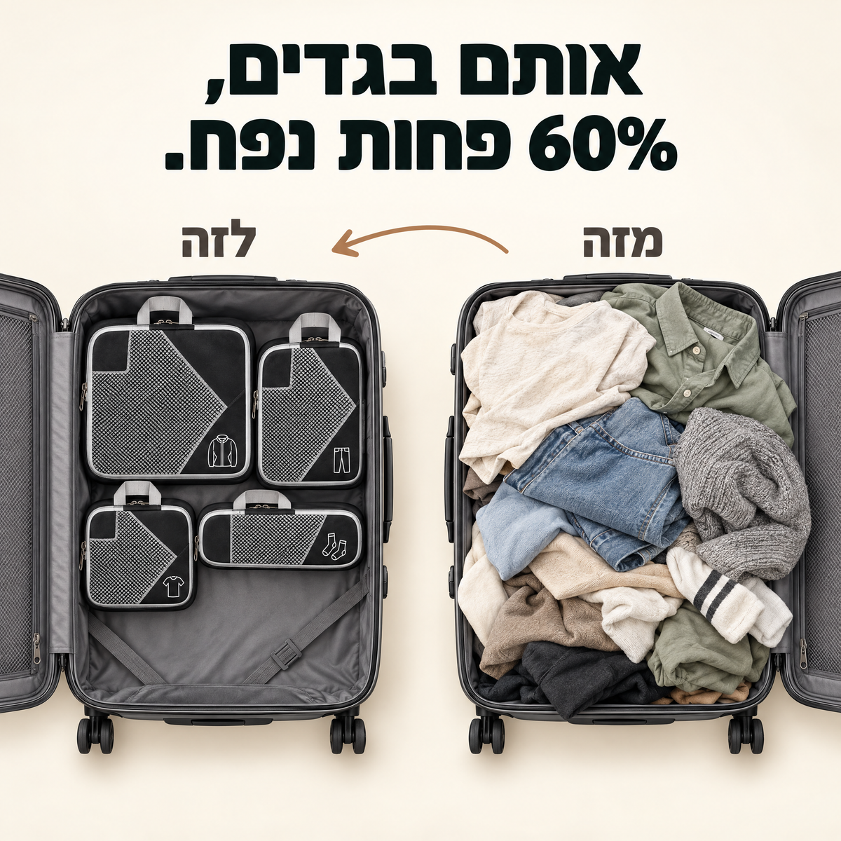אותם בגדים, 60% פחות נפח: מזוודה עם ערימת בגדים מול מזוודה עם קוביות דחיסה Higanu