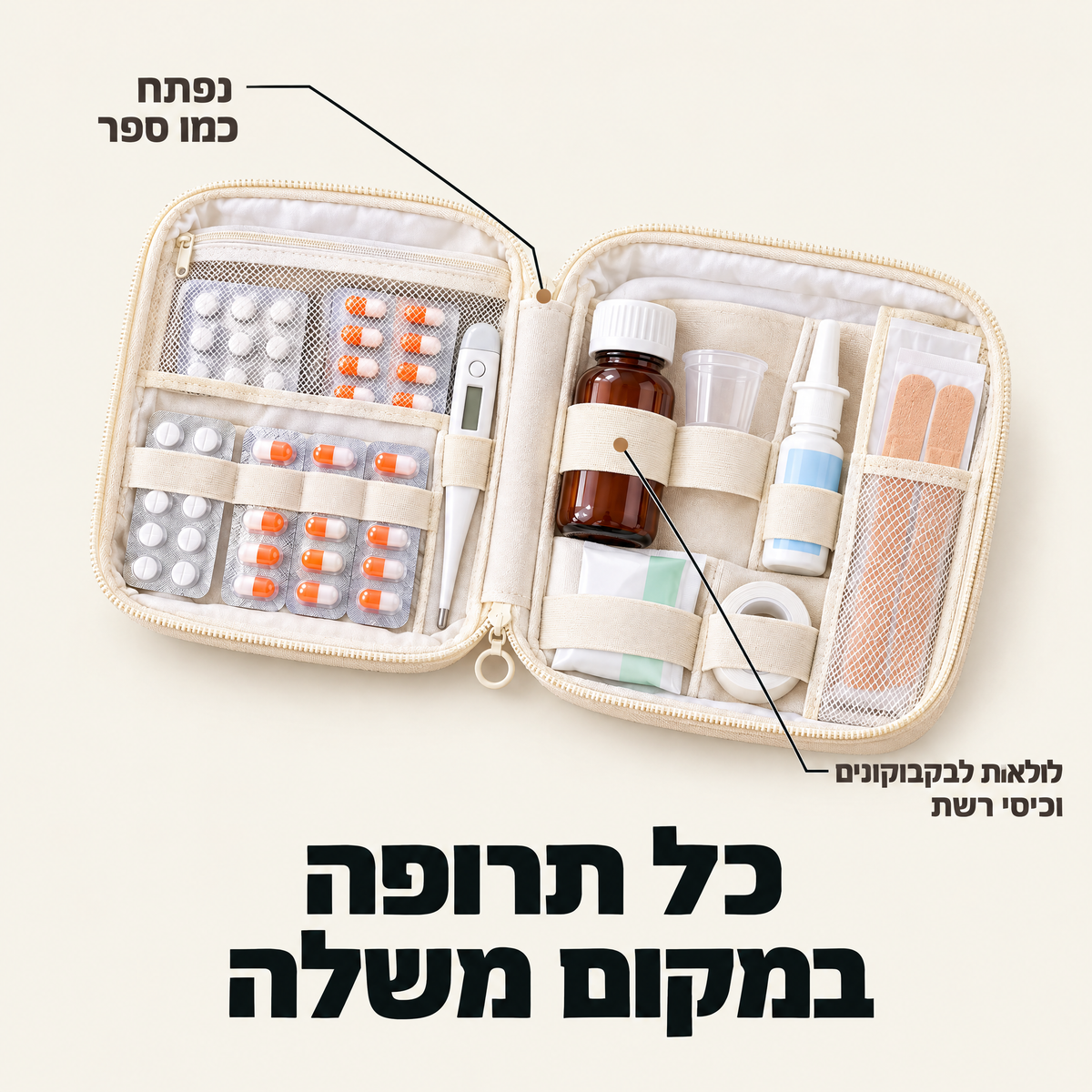 תיק התרופות לדרך Higanu: נפתח כמו ספר, לולאות לבקבוקונים וכיסי רשת. כל תרופה במקום משלה